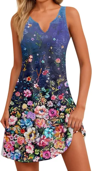 Summer Dresses for Women 2025 Mini Dresses Sleeveless V Neck Floral Swing Going Out Beach Vacation Sundress Casual Outfits