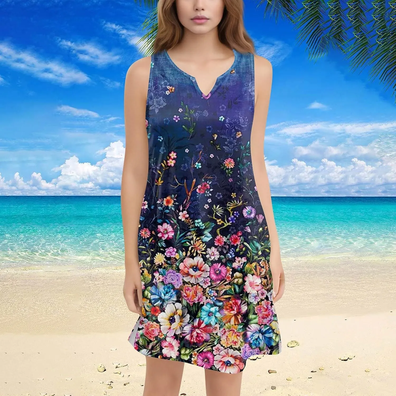 Summer Dresses for Women 2025 Mini Dresses Sleeveless V Neck Floral Swing Going Out Beach Vacation Sundress Casual Outfits