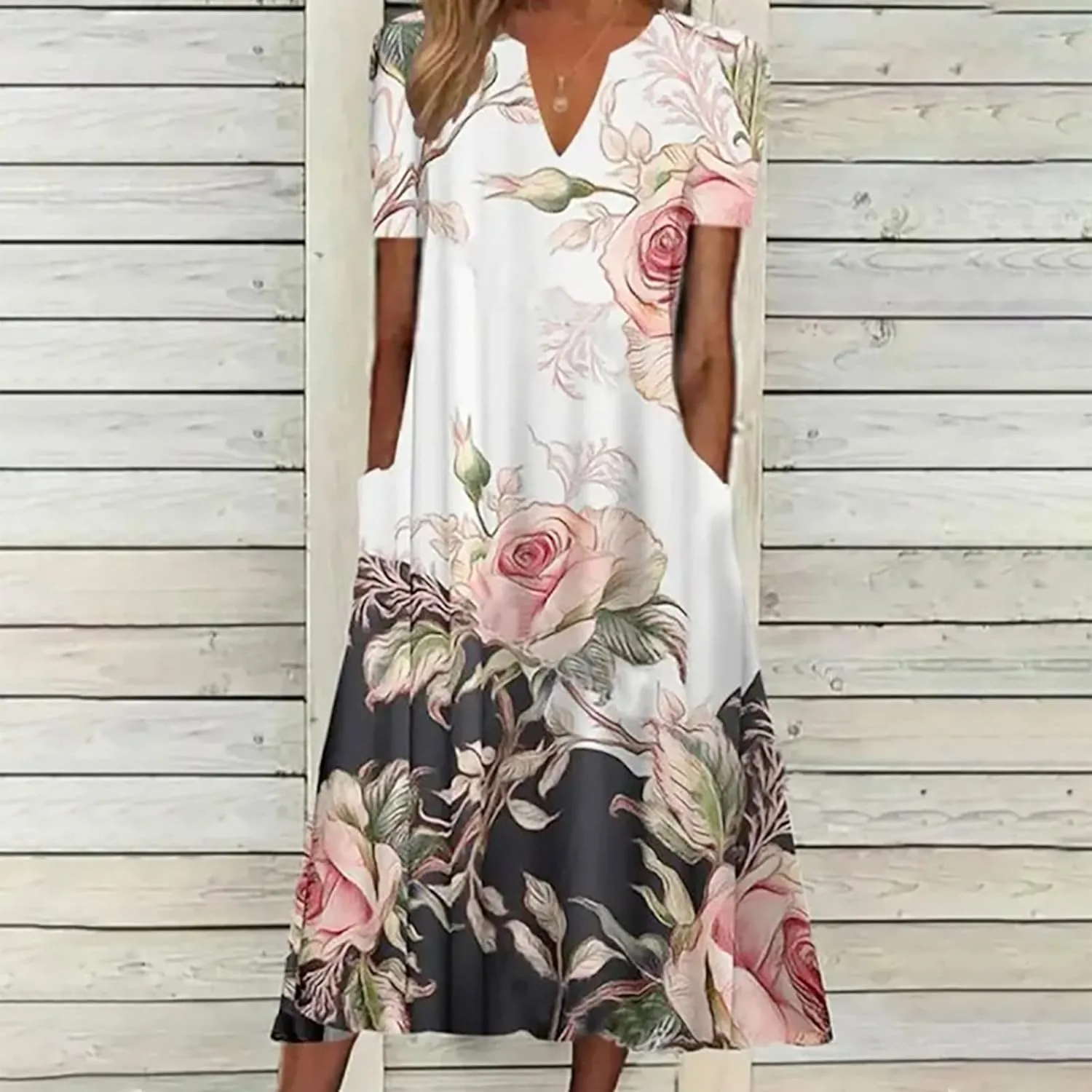 Summer Dresses for Women 20255 Casual Floral Short Sleeve A line Dress Beach Boho Sundress Tshirt Dress with Pockets
