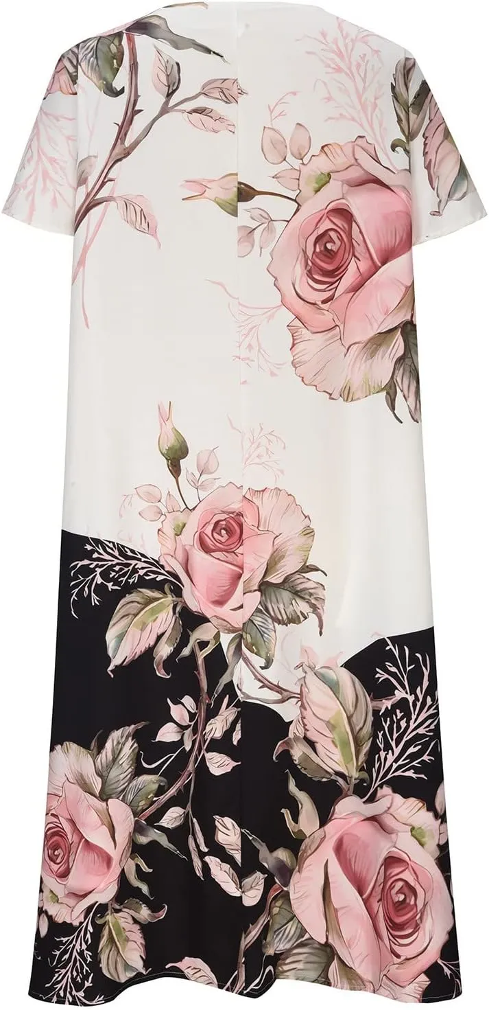 Summer Dresses for Women 20255 Casual Floral Short Sleeve A line Dress Beach Boho Sundress Tshirt Dress with Pockets
