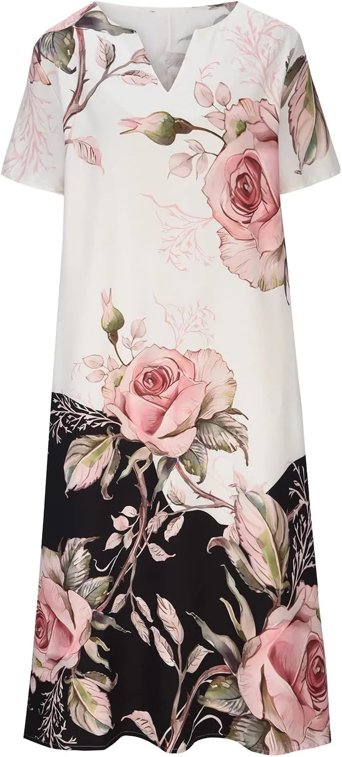 Summer Dresses for Women 20255 Casual Floral Short Sleeve A line Dress Beach Boho Sundress Tshirt Dress with Pockets