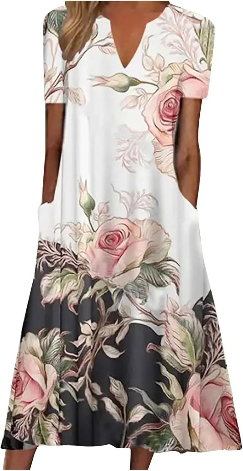 Summer Dresses for Women 20255 Casual Floral Short Sleeve A line Dress Beach Boho Sundress Tshirt Dress with Pockets