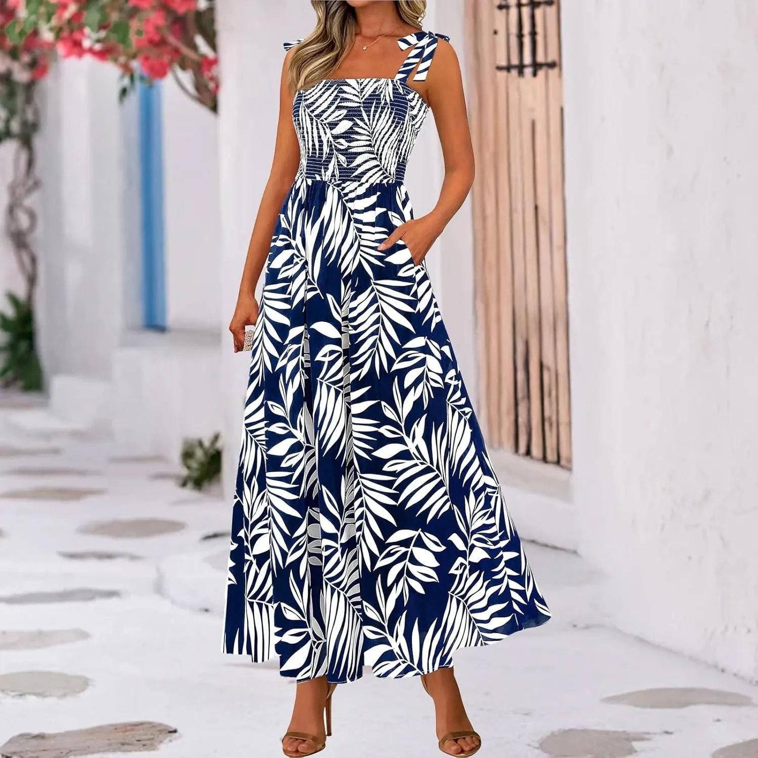 Summer Floral Dress for Women Trendy Sleeveless Maxi Dress Flowy Spaghetti Strap A Line Beach Vacation Long Sundress