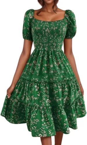 Summer Flower Dresses for Women 2025 Square Neck Puff Short Sleeve Boho Midi Dress Ruffle Beach Vacation A-Line Sundress