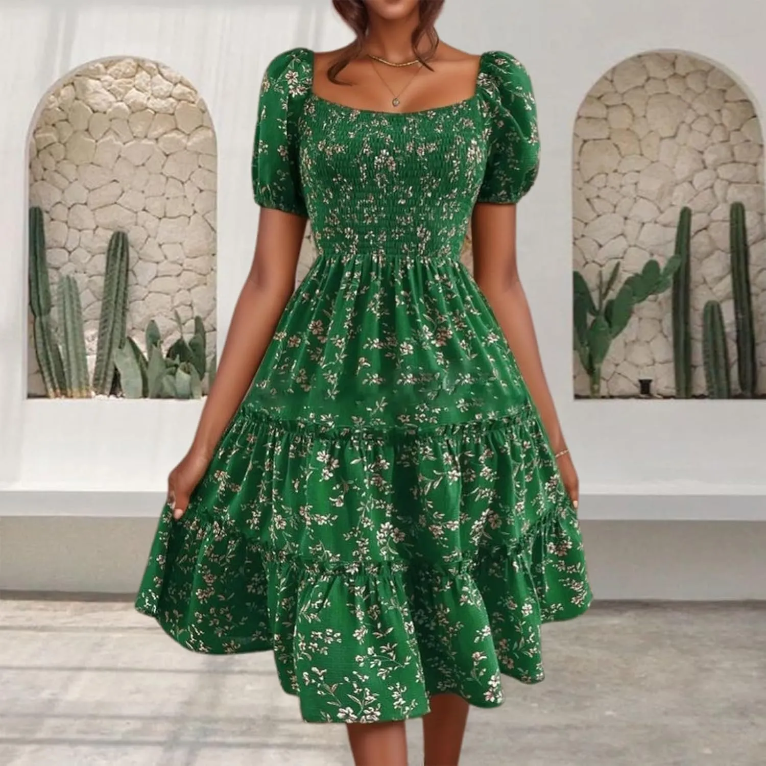 Summer Flower Dresses for Women 2025 Square Neck Puff Short Sleeve Boho Midi Dress Ruffle Beach Vacation A-Line Sundress