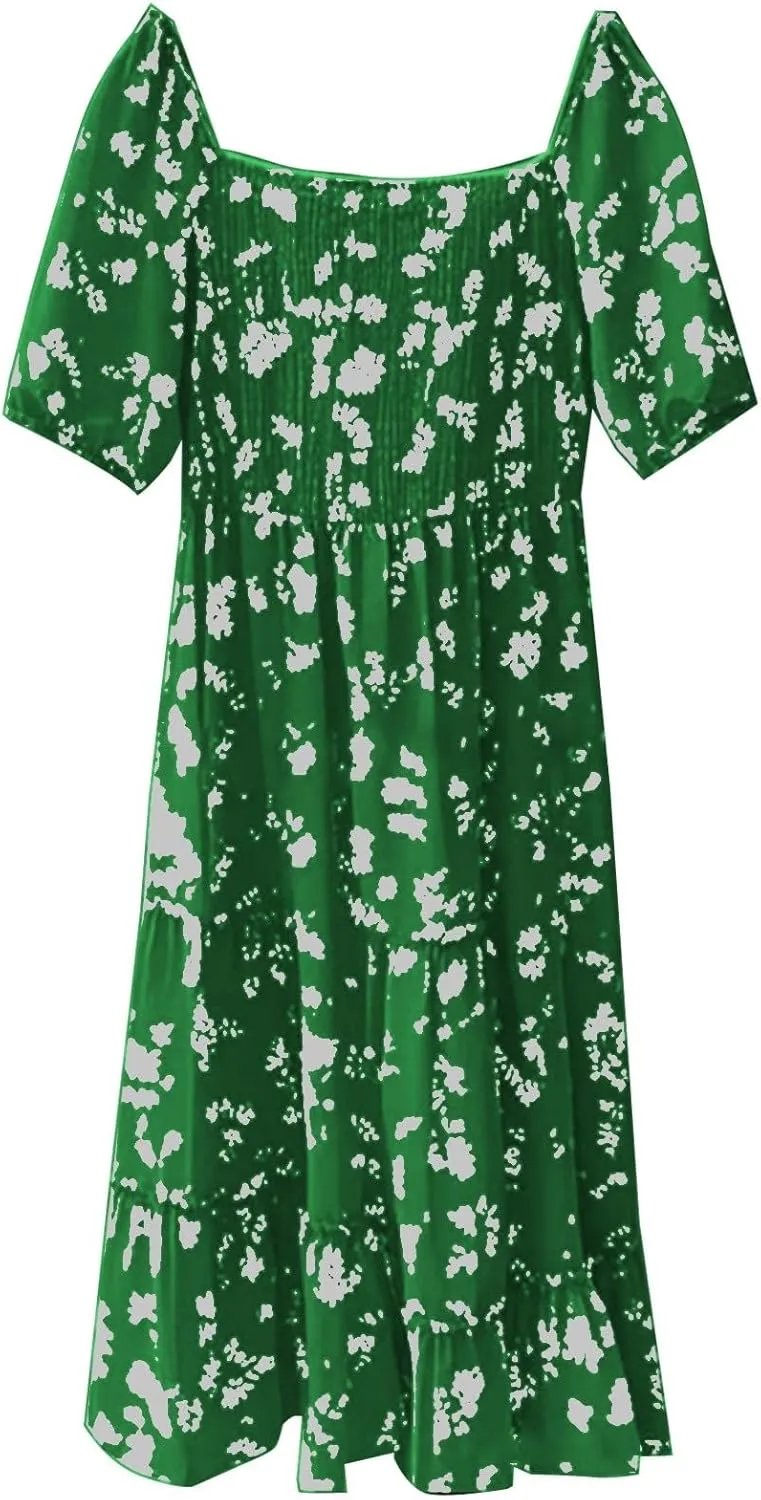 Summer Flower Dresses for Women 2025 Square Neck Puff Short Sleeve Boho Midi Dress Ruffle Beach Vacation A-Line Sundress