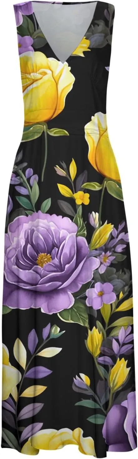 Sun Dresses for Women, Graphic Print Flowy Beach Dress, Spring Summer Casual Elegant Wrap V Neck Sleeveless Maxi Dresses