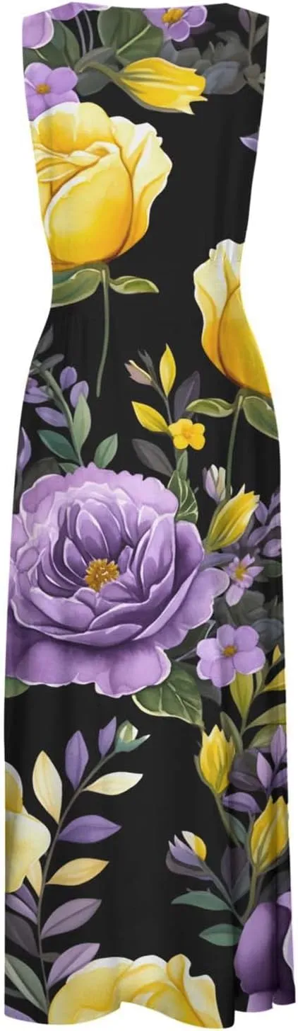 Sun Dresses for Women, Graphic Print Flowy Beach Dress, Spring Summer Casual Elegant Wrap V Neck Sleeveless Maxi Dresses