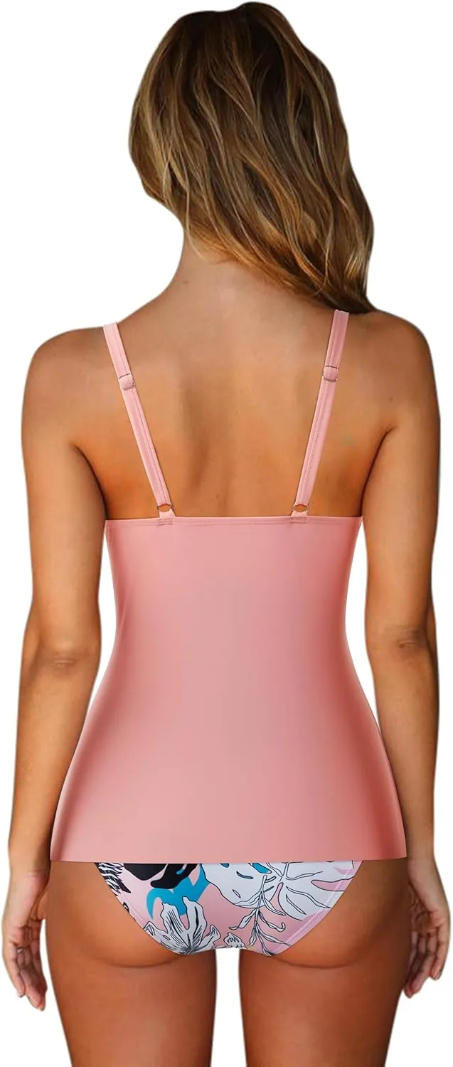 SUUKSESS Women's Tummy Control Tankini Swimsuit Push Up Knot Front Bathing Suits