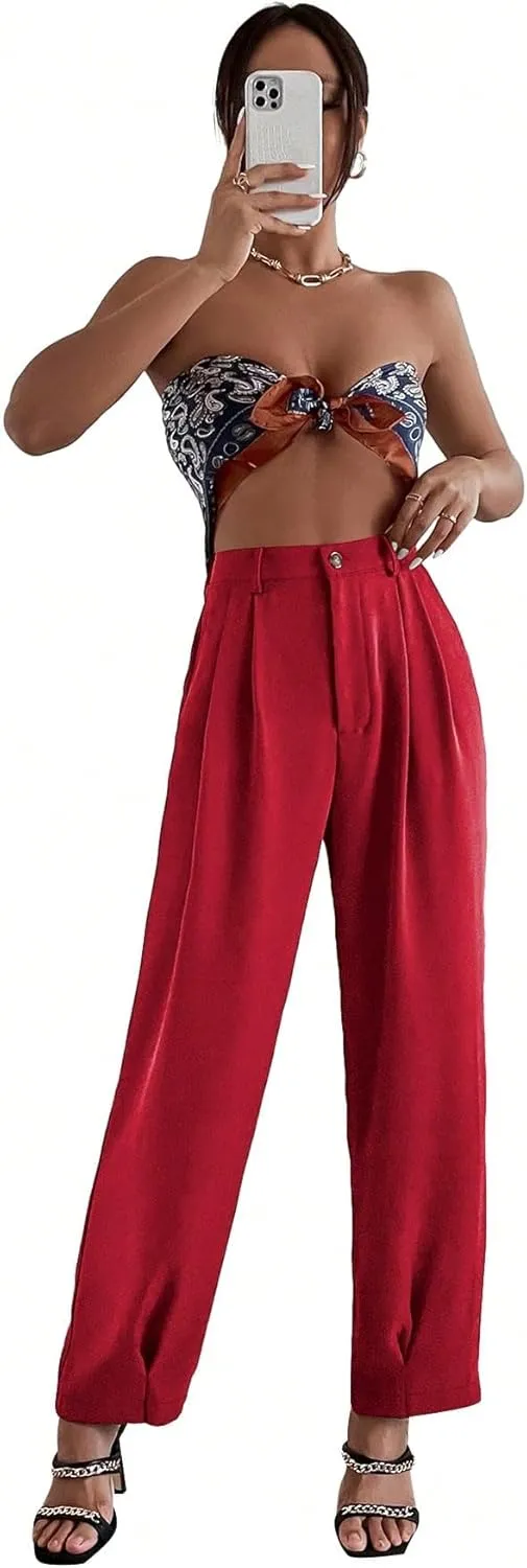 SweatyRocks Women's Casual High Waist Fold Pleated Straight Leg Trousers Work Pants with Pocket