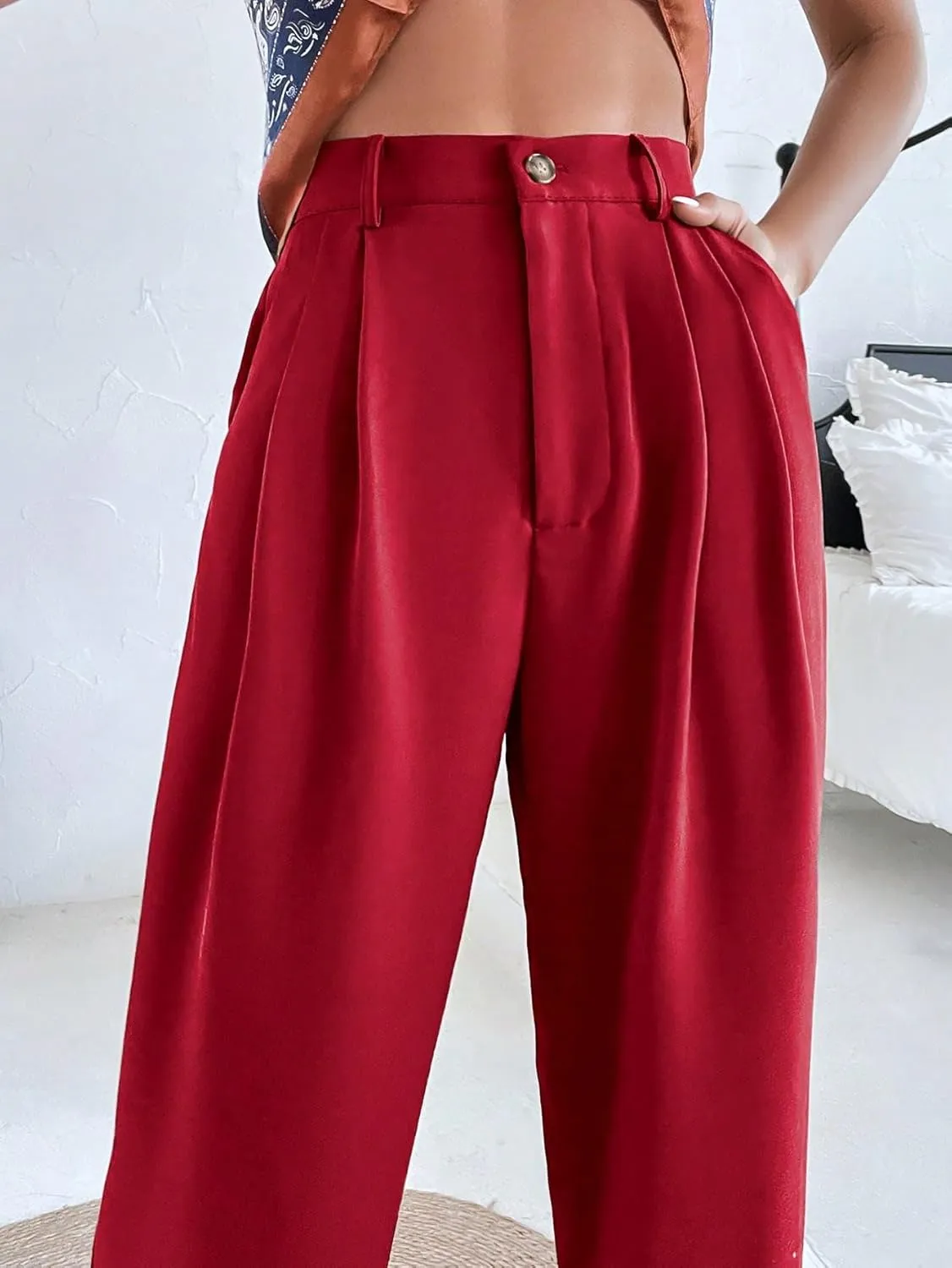 SweatyRocks Women's Casual High Waist Fold Pleated Straight Leg Trousers Work Pants with Pocket