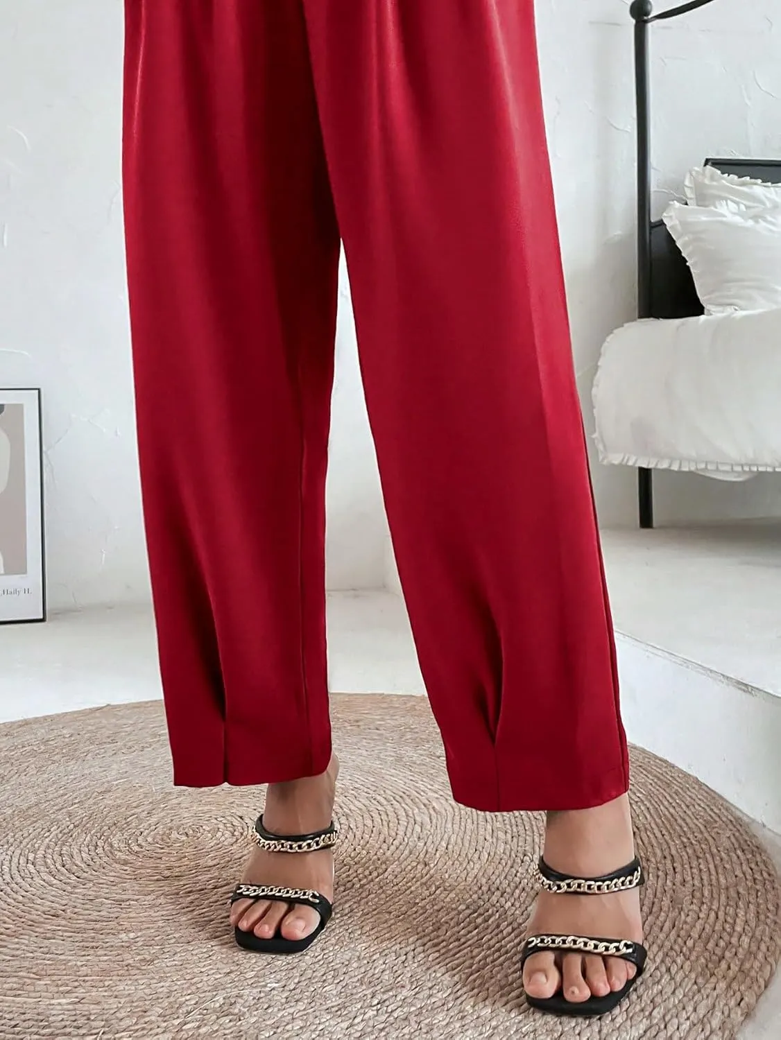 SweatyRocks Women's Casual High Waist Fold Pleated Straight Leg Trousers Work Pants with Pocket