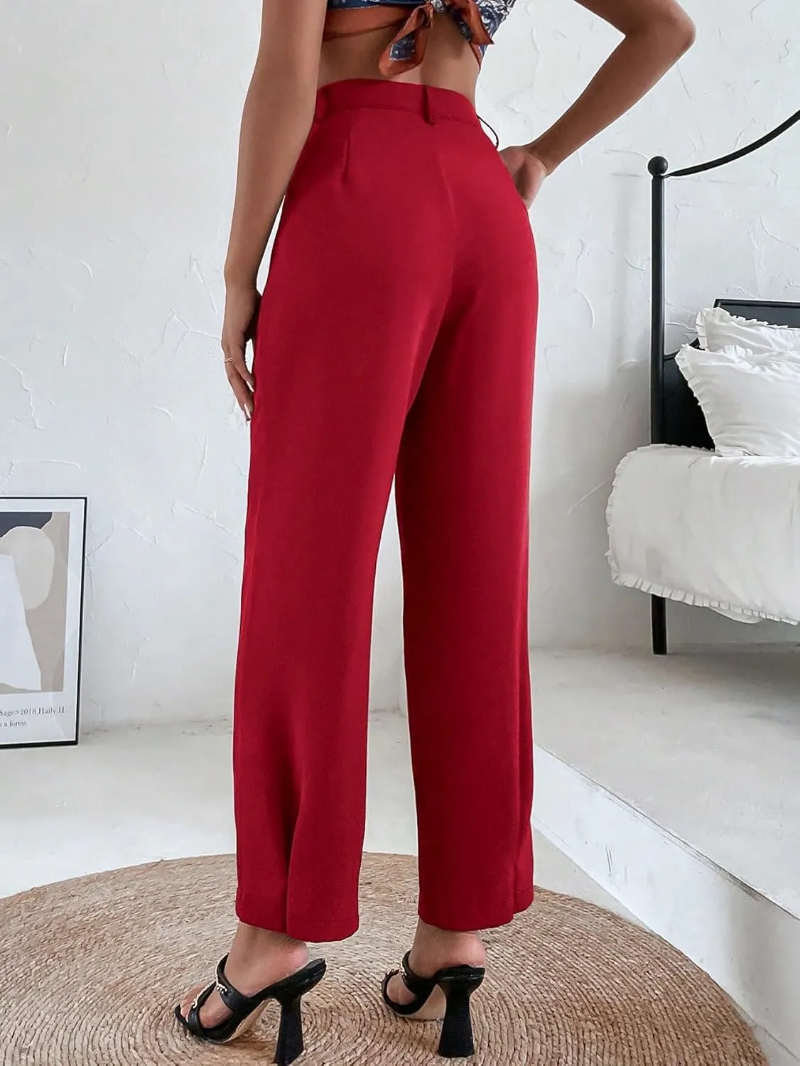 SweatyRocks Women's Casual High Waist Fold Pleated Straight Leg Trousers Work Pants with Pocket