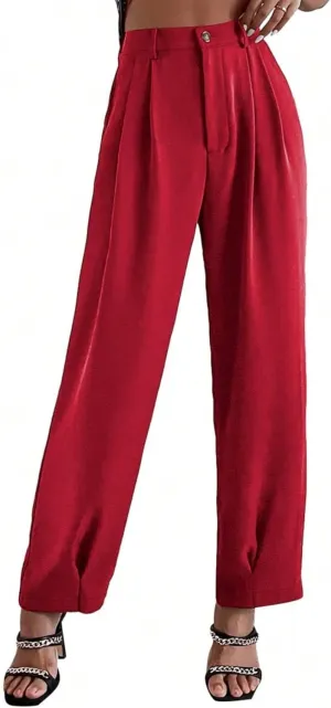 SweatyRocks Women's Casual High Waist Fold Pleated Straight Leg Trousers Work Pants with Pocket