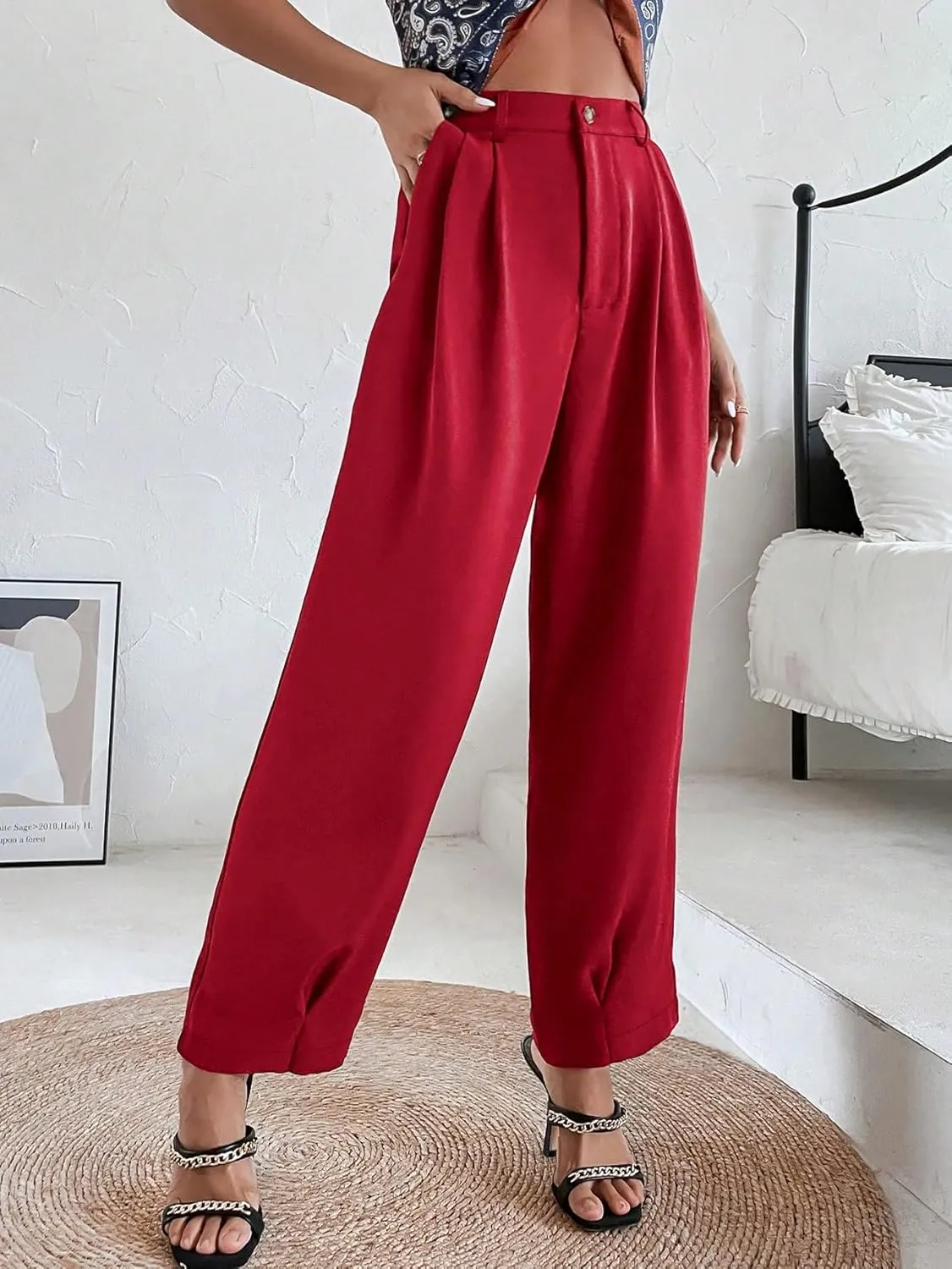 SweatyRocks Women's Casual High Waist Fold Pleated Straight Leg Trousers Work Pants with Pocket