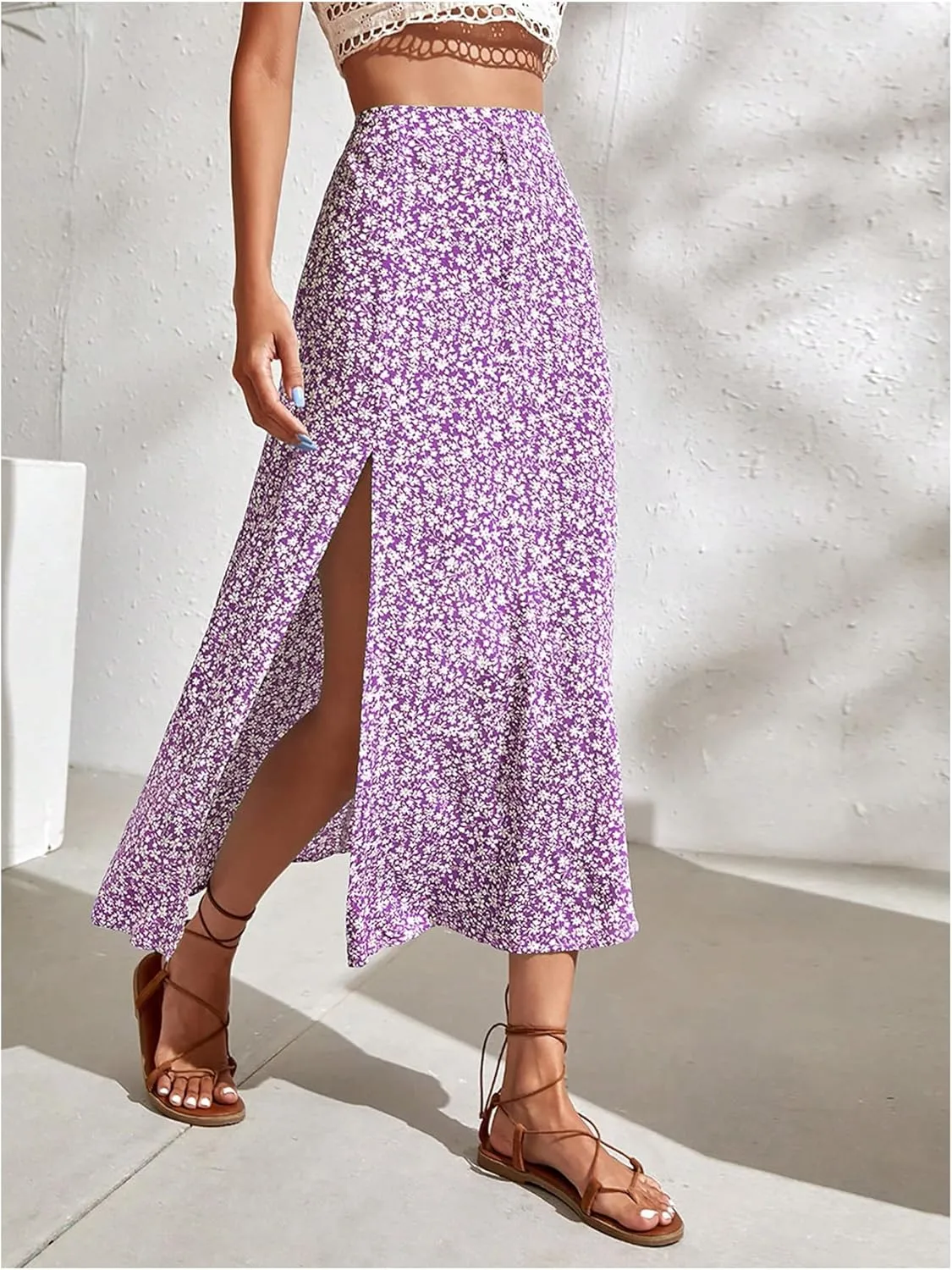 SweatyRocks Women's Ditsy Floral Print High Waist A Line Midi Skirts