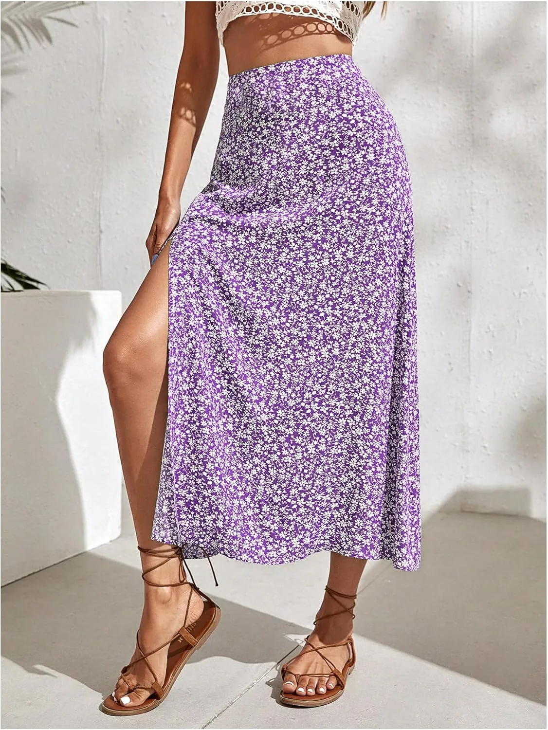 SweatyRocks Women's Ditsy Floral Print High Waist A Line Midi Skirts