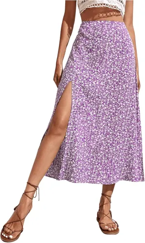SweatyRocks Women's Ditsy Floral Print High Waist A Line Midi Skirts