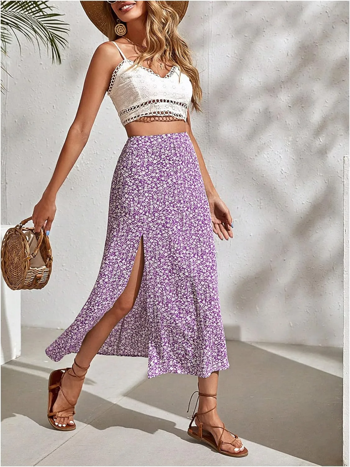 SweatyRocks Women's Ditsy Floral Print High Waist A Line Midi Skirts