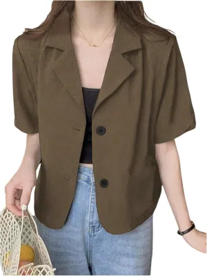 SweatyRocks Women's Short Sleeve Blazer Lapel Button Down Lightweight Casual Business Jacket
