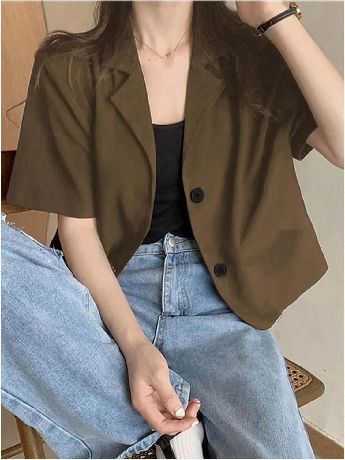 SweatyRocks Women's Short Sleeve Blazer Lapel Button Down Lightweight Casual Business Jacket