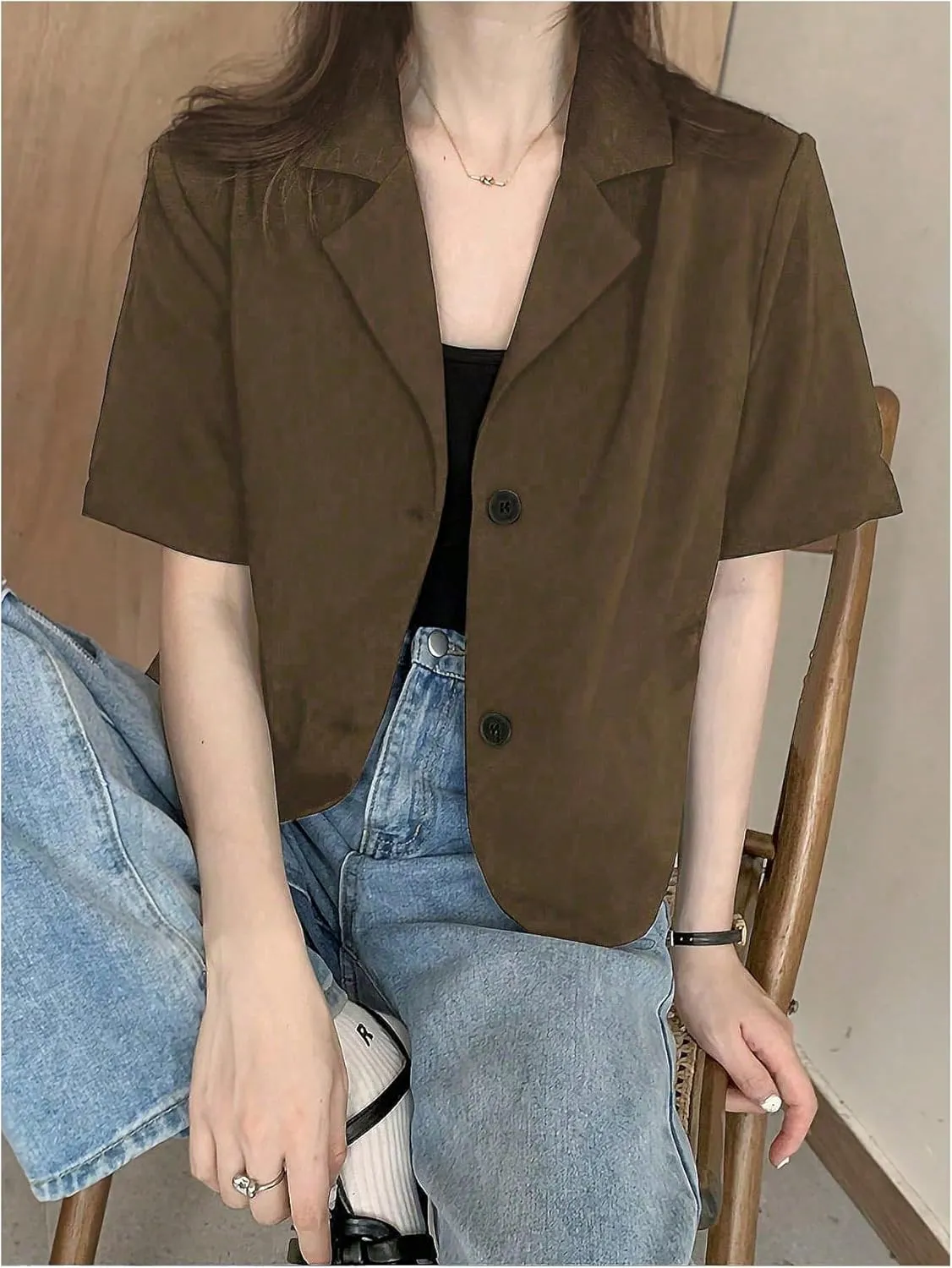 SweatyRocks Women's Short Sleeve Blazer Lapel Button Down Lightweight Casual Business Jacket