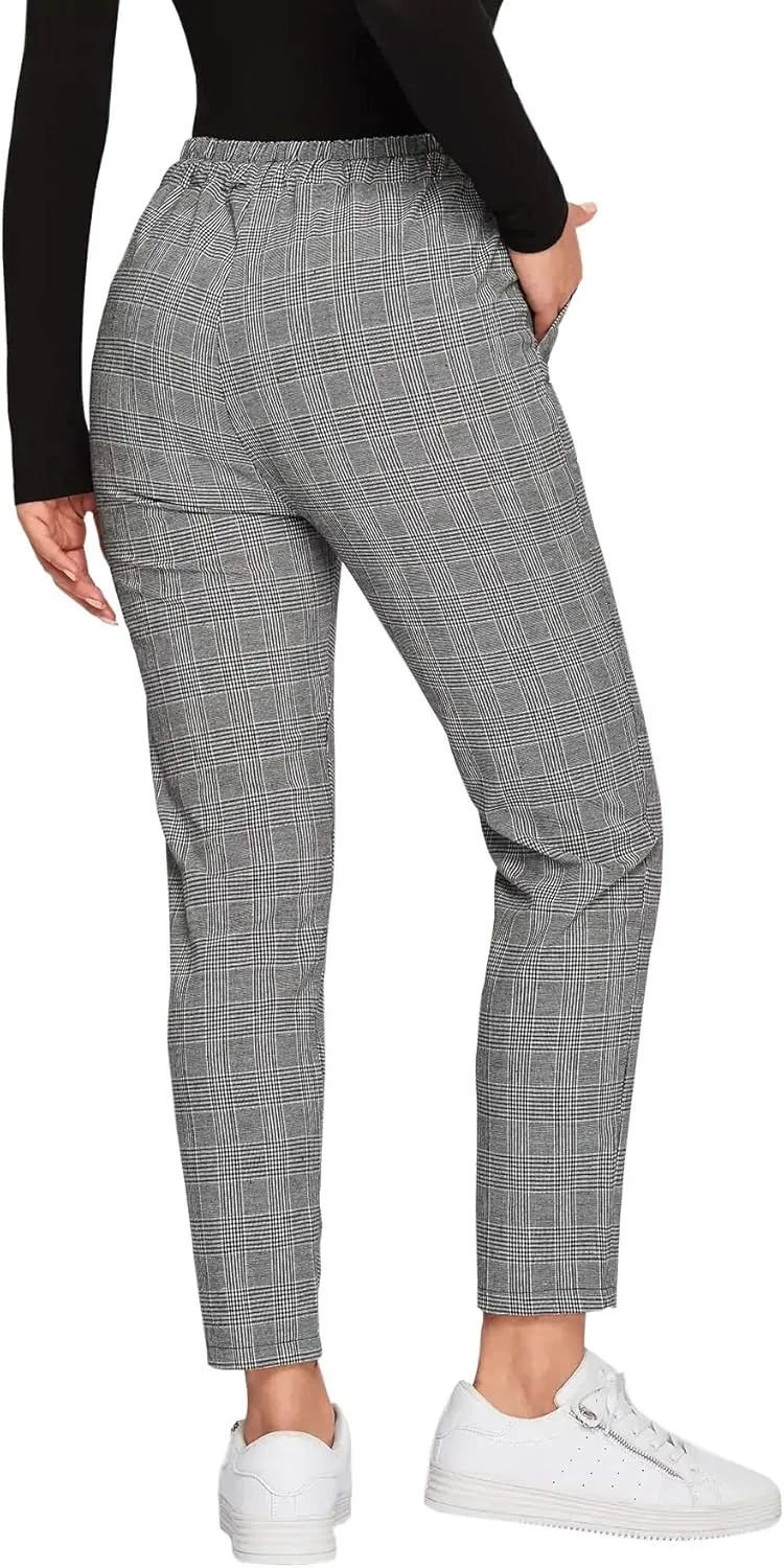 SweatyRocks Women's Tie High Waist Striped Plaid Casual Long Pants with Pockets