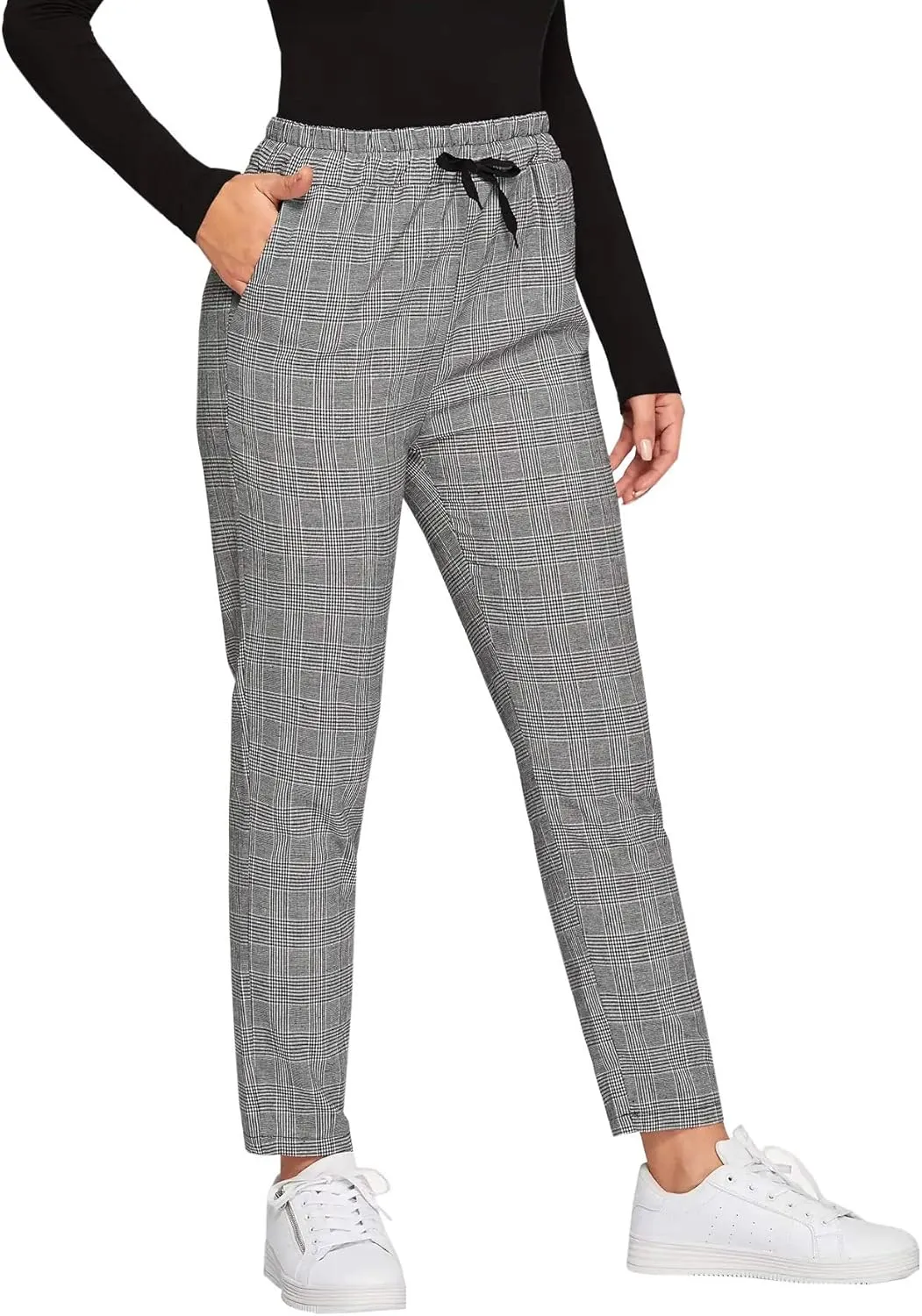 SweatyRocks Women's Tie High Waist Striped Plaid Casual Long Pants with Pockets