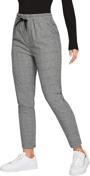 SweatyRocks Women's Tie High Waist Striped Plaid Casual Long Pants with Pockets