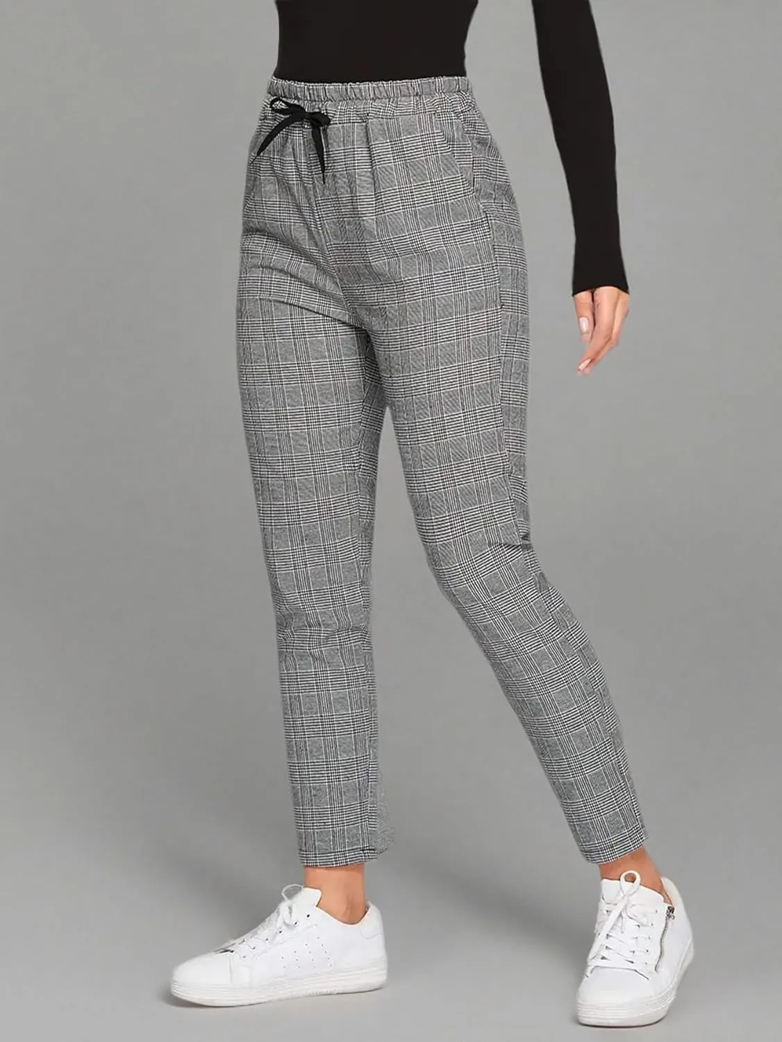 SweatyRocks Women's Tie High Waist Striped Plaid Casual Long Pants with Pockets