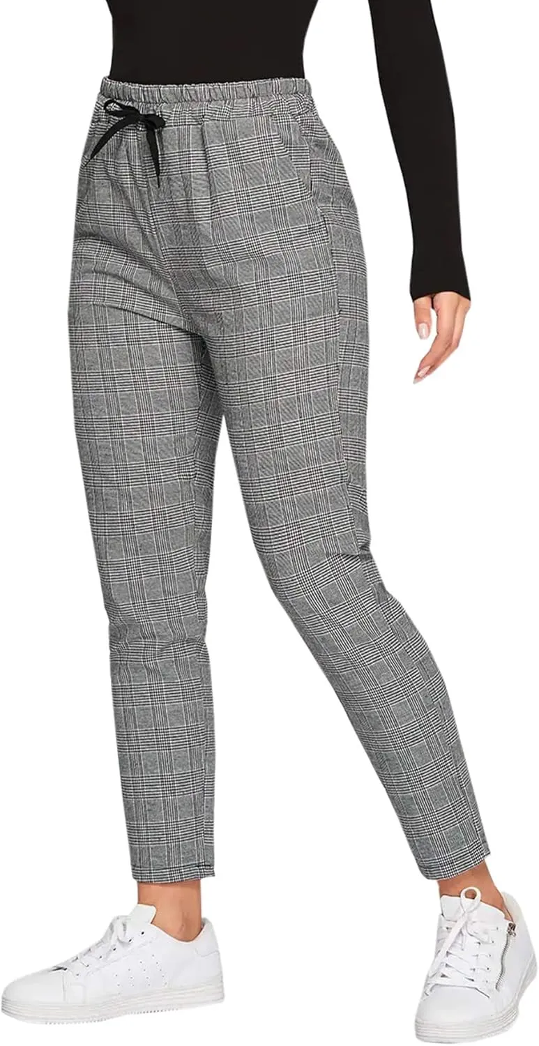 SweatyRocks Women's Tie High Waist Striped Plaid Casual Long Pants with Pockets