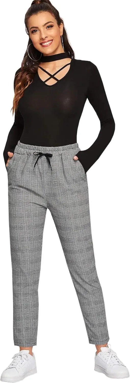 SweatyRocks Women's Tie High Waist Striped Plaid Casual Long Pants with Pockets