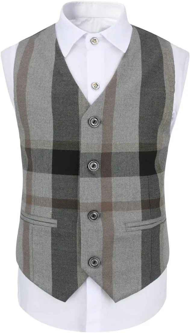 SWOTGdoby Boys Dress Suits 3 Piece Slim Fit Check Plaid Kids Tuxedo Suits for Boys Formal Blazer Jacket Pants Vest Wedding