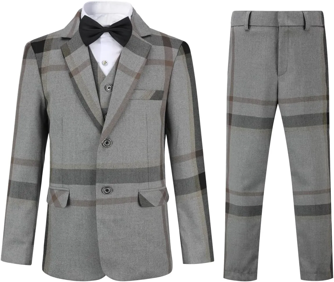 SWOTGdoby Boys Dress Suits 3 Piece Slim Fit Check Plaid Kids Tuxedo Suits for Boys Formal Blazer Jacket Pants Vest Wedding