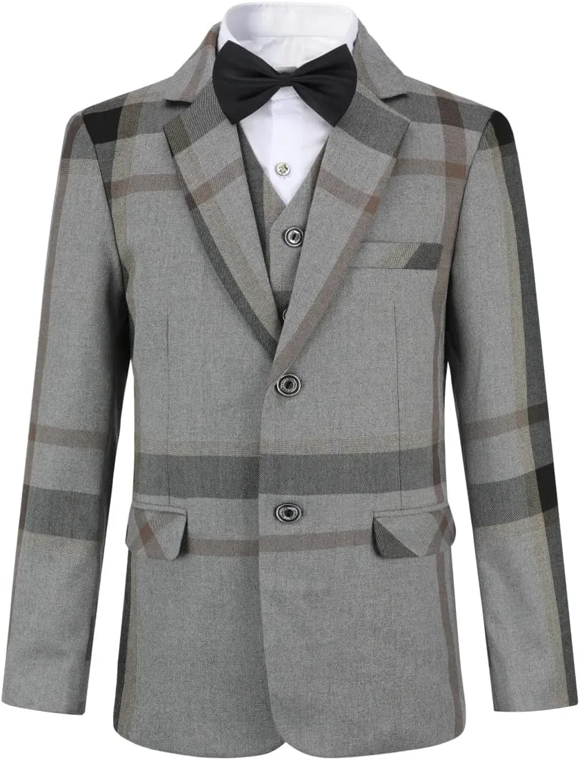 SWOTGdoby Boys Dress Suits 3 Piece Slim Fit Check Plaid Kids Tuxedo Suits for Boys Formal Blazer Jacket Pants Vest Wedding