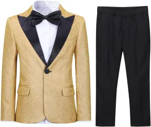 SWOTGdoby Boys Fashion Suit Tuxedo Slim Fit 3 Pieces Golden Shiny Green Silver Jacket Pants Bowtie