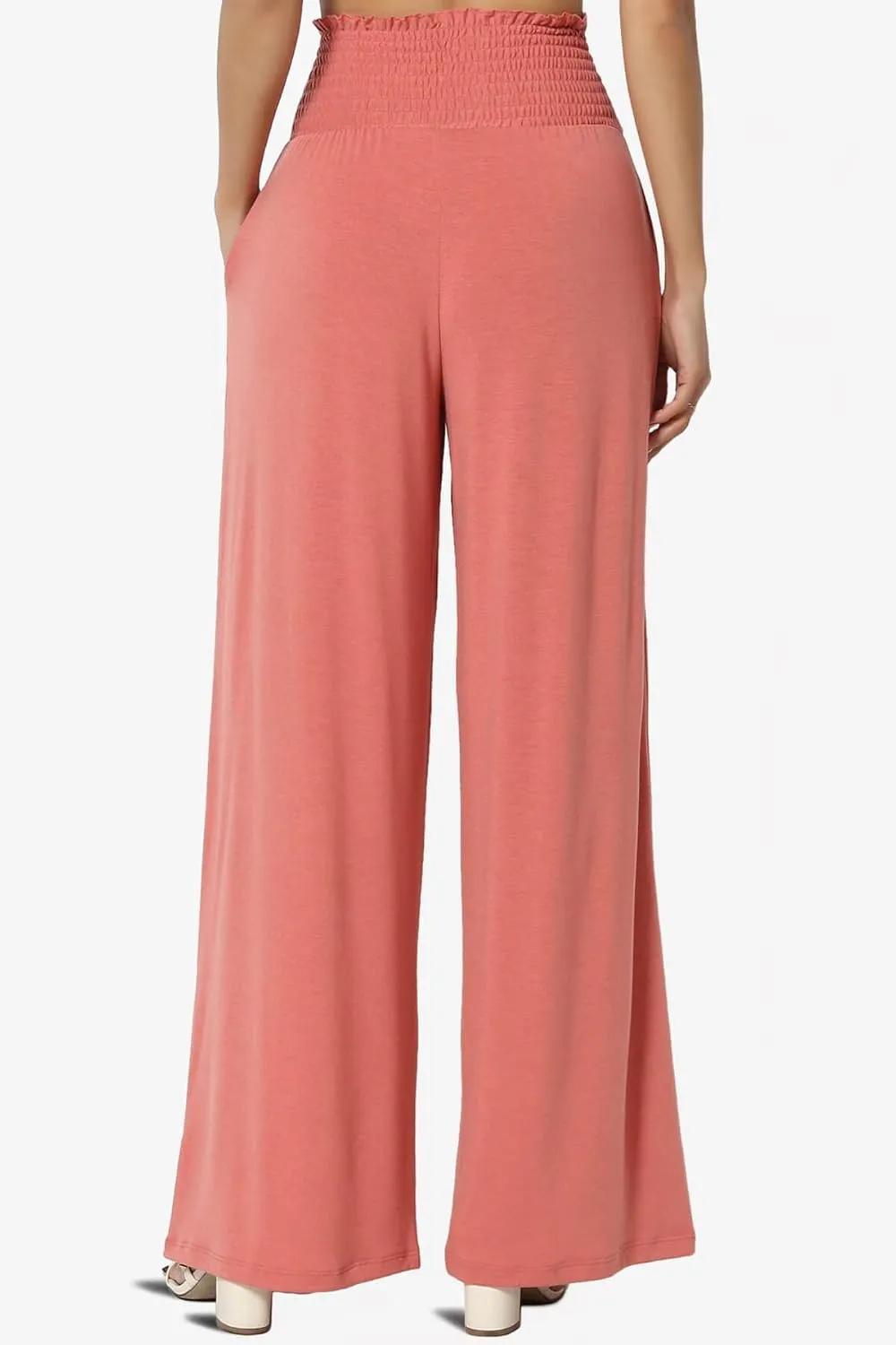 TheMogan Women's Smocked Ruffle High Waist Wide Leg Pants Casual Loose Yoga Lounge Pajama