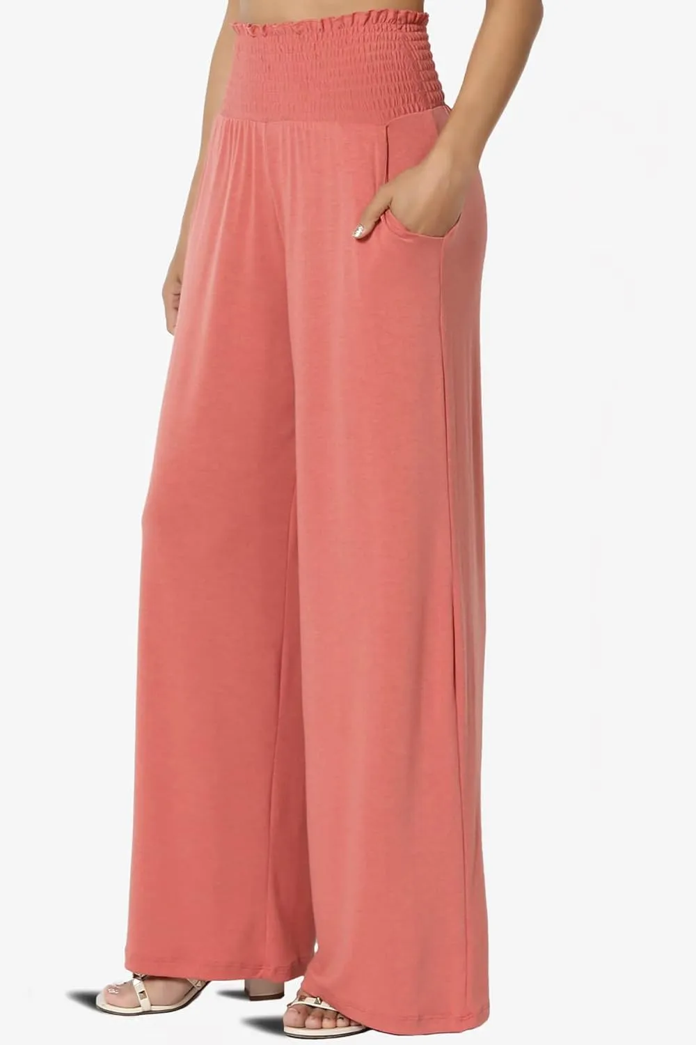 TheMogan Women's Smocked Ruffle High Waist Wide Leg Pants Casual Loose Yoga Lounge Pajama