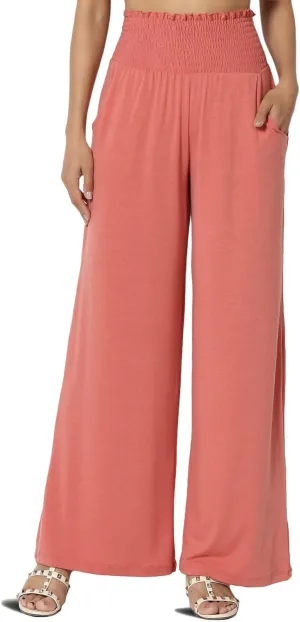TheMogan Women's Smocked Ruffle High Waist Wide Leg Pants Casual Loose Yoga Lounge Pajama