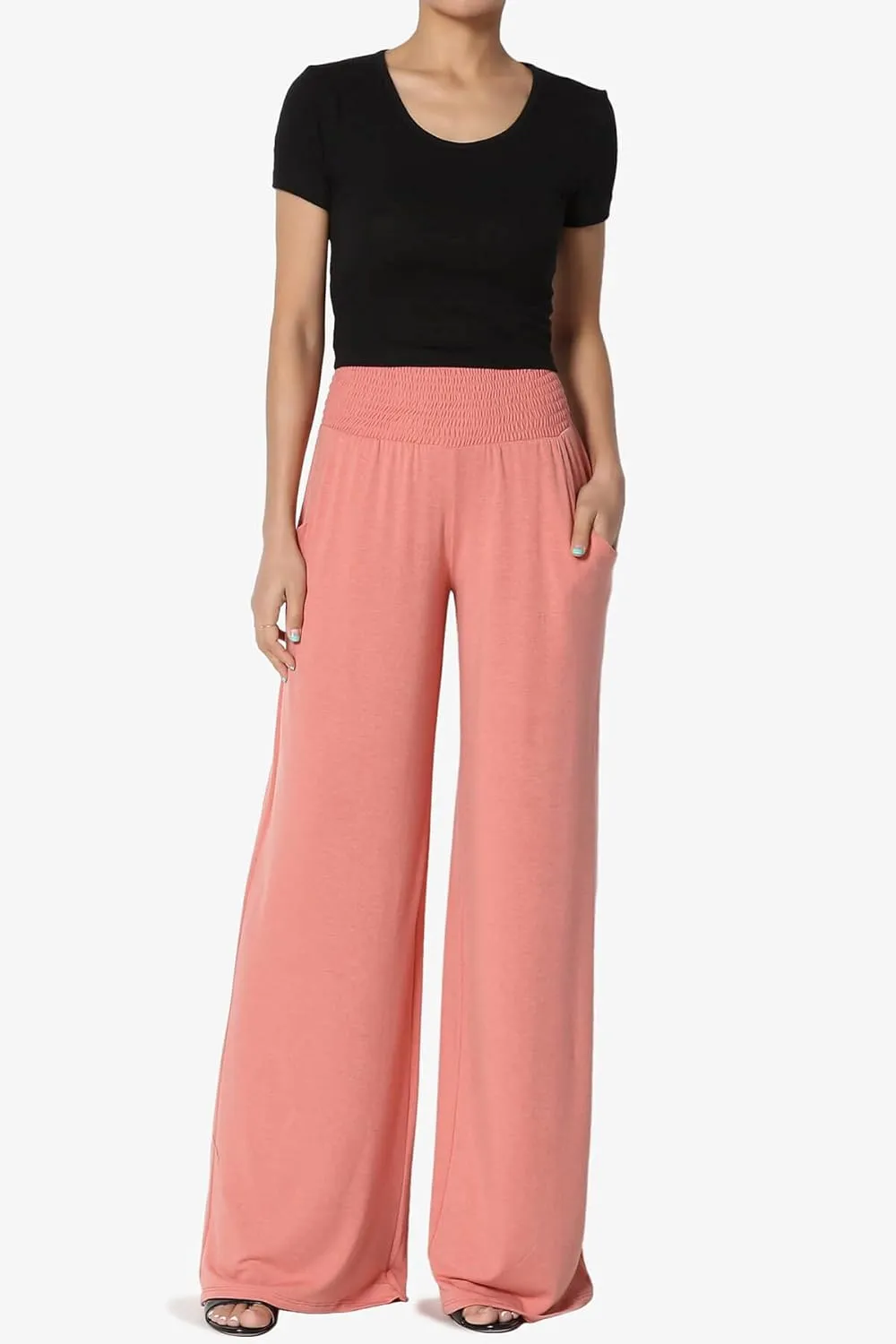 TheMogan Women's Smocked Ruffle High Waist Wide Leg Pants Casual Loose Yoga Lounge Pajama