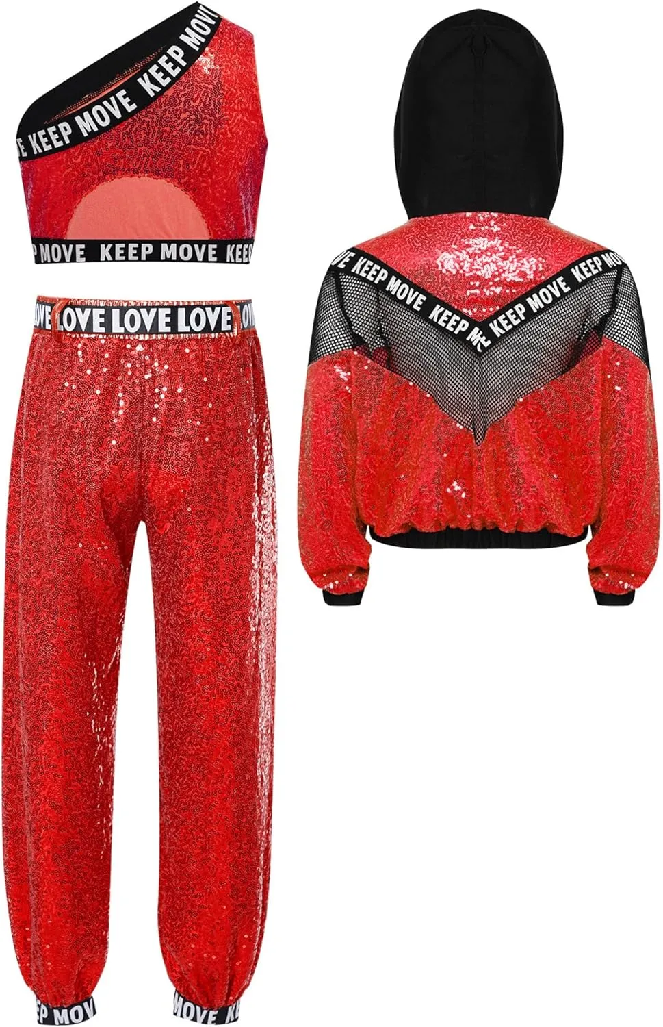 TiaoBug 3Pcs Girls Jazz Dance Outfits Sequin Zip Up Hooded Jacket Cropped Vest with Harem Pants Set