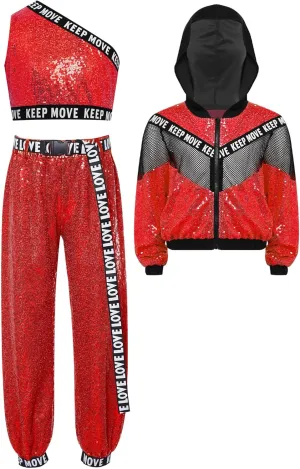 TiaoBug 3Pcs Girls Jazz Dance Outfits Sequin Zip Up Hooded Jacket Cropped Vest with Harem Pants Set