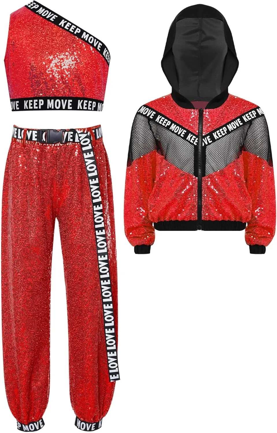 TiaoBug 3Pcs Girls Jazz Dance Outfits Sequin Zip Up Hooded Jacket Cropped Vest with Harem Pants Set