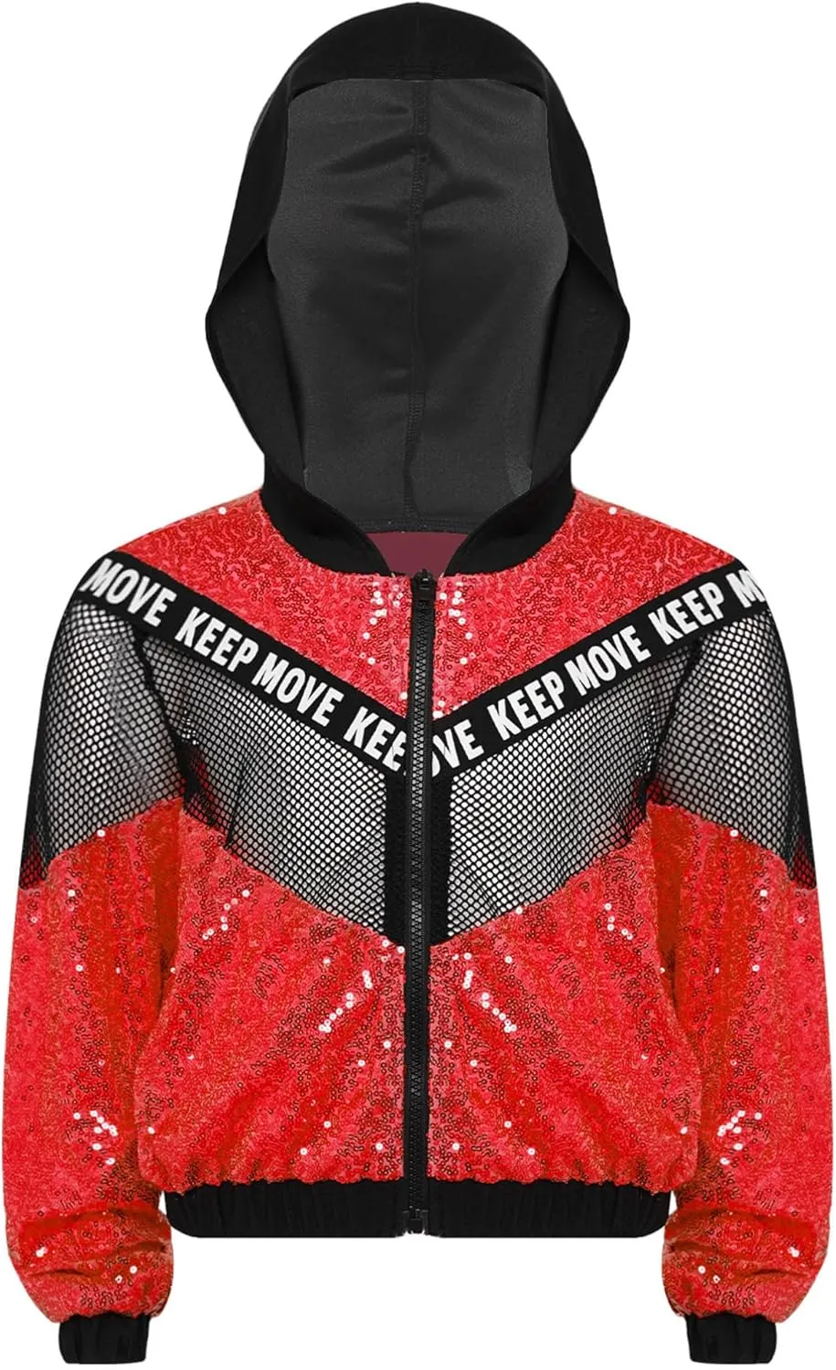 TiaoBug 3Pcs Girls Jazz Dance Outfits Sequin Zip Up Hooded Jacket Cropped Vest with Harem Pants Set