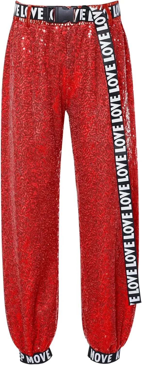 TiaoBug 3Pcs Girls Jazz Dance Outfits Sequin Zip Up Hooded Jacket Cropped Vest with Harem Pants Set