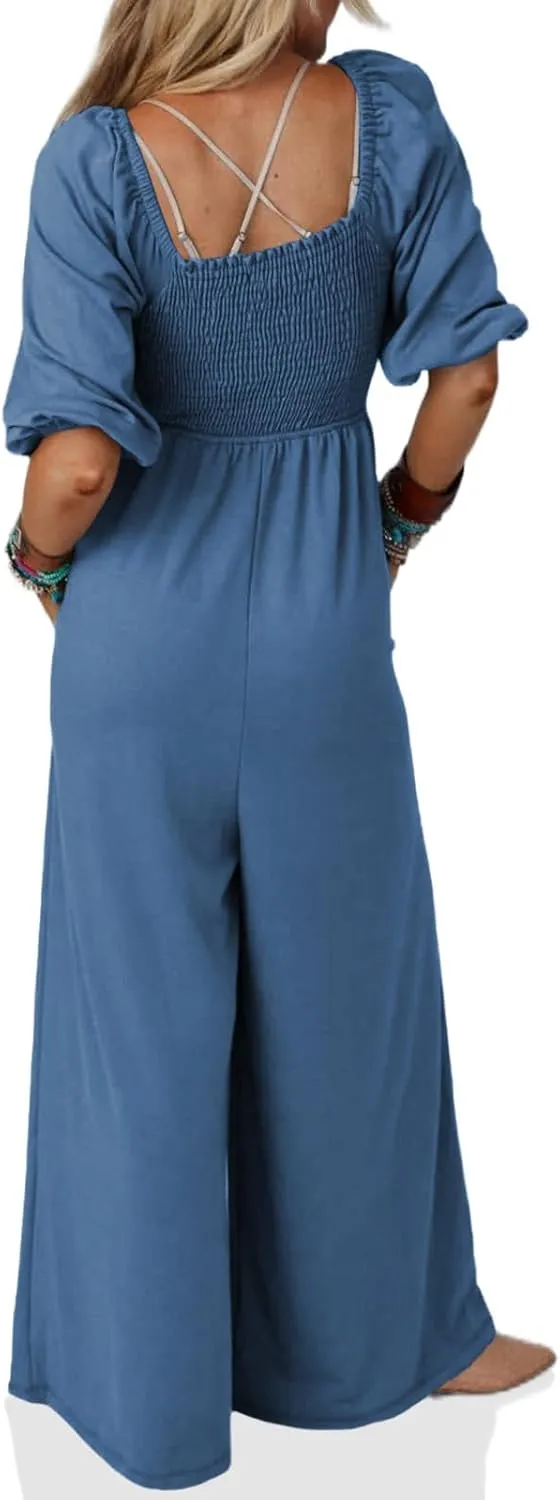 Tongmingyun Women's Casual Smocked Jumpsuits Loose Elastic Waist Wide Leg Flowy Long Pants Rompers