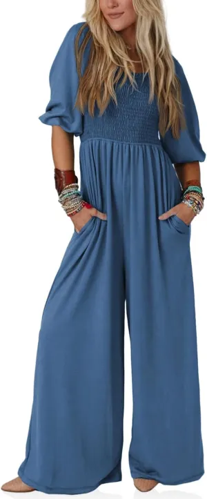 Tongmingyun Women's Casual Smocked Jumpsuits Loose Elastic Waist Wide Leg Flowy Long Pants Rompers