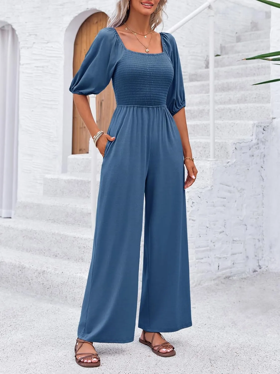Tongmingyun Women's Casual Smocked Jumpsuits Loose Elastic Waist Wide Leg Flowy Long Pants Rompers