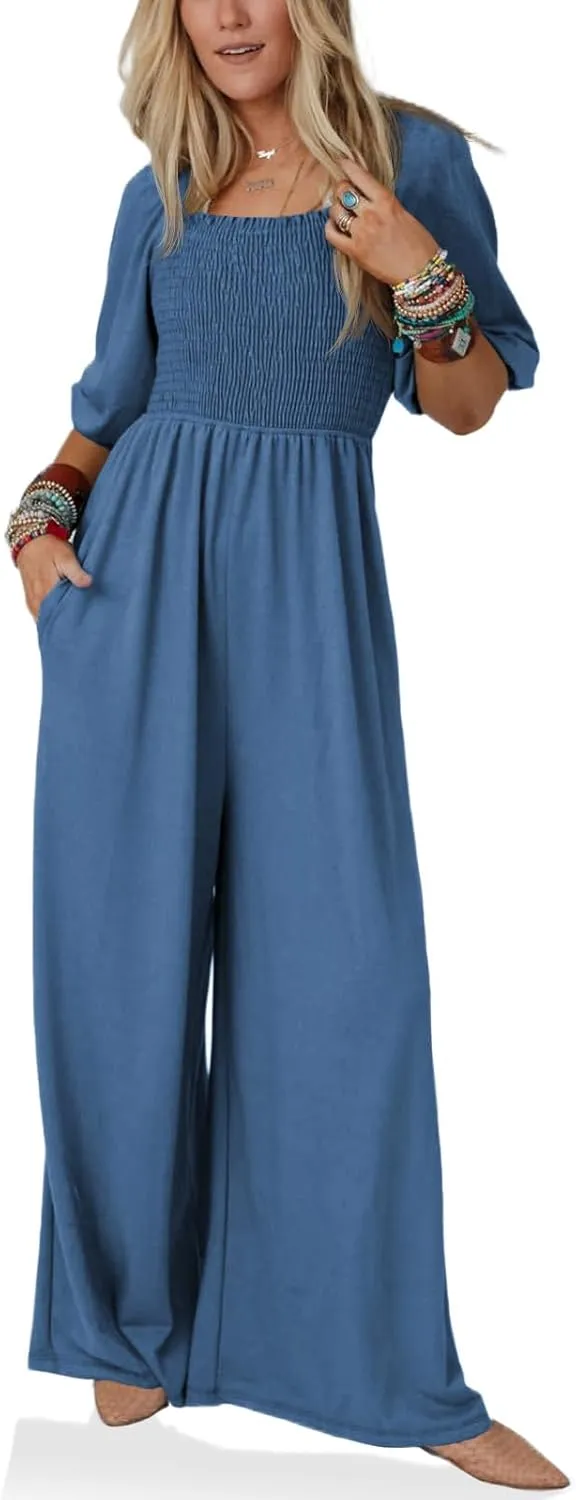 Tongmingyun Women's Casual Smocked Jumpsuits Loose Elastic Waist Wide Leg Flowy Long Pants Rompers