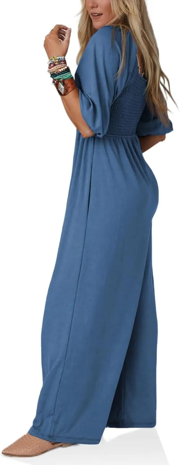 Tongmingyun Women's Casual Smocked Jumpsuits Loose Elastic Waist Wide Leg Flowy Long Pants Rompers